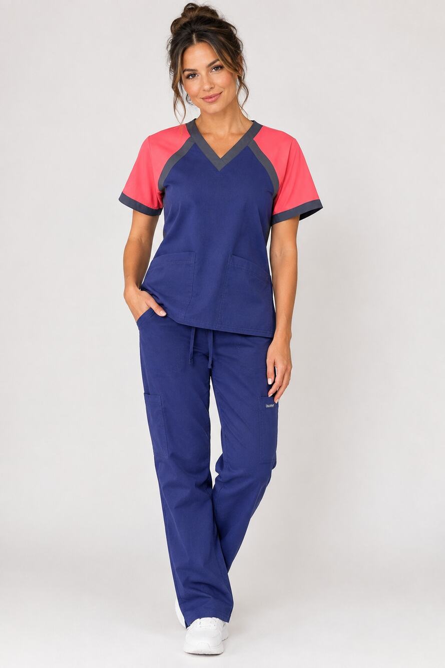 Sanibel Scrubs Navy Coral Color Block Scrub Set V-Neck Medical Uniform-See sizes